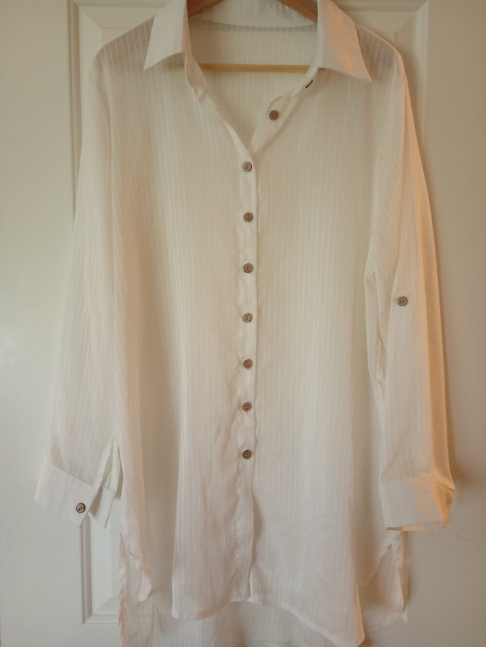 White Button-Front Sheer Pinstripe Flowy High Low Shirt | XL